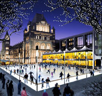The skating rink at the Natural History Museum at night