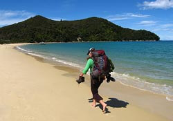 A backpacker exploring a New Zealand beach