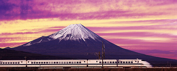 Shinkansen bullet train in front of Mt Fuji, Japan