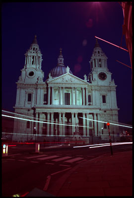 St Paul's Cathedral with lightstreaks from buses. Taken at night.