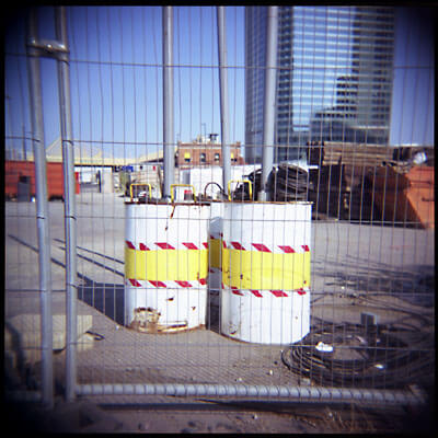 Oil drums in the London Docklands.