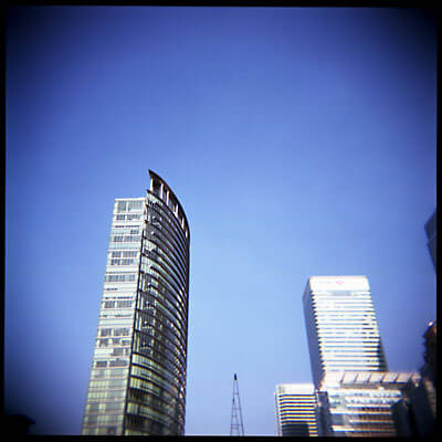 London Docklands skyscrapers. Shot with Holga 120S.