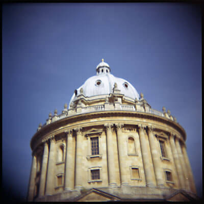 The top of this tower / building in Oxford looked really photogenic against the blue sky. Shot with Holga.