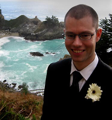 Just before the wedding ceremony, Jack in front of the McWay waterfall.