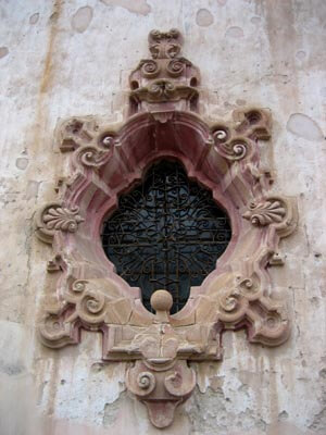 Detail on the facade of Santa Prisca Cathedral, Taxco, Mexico.