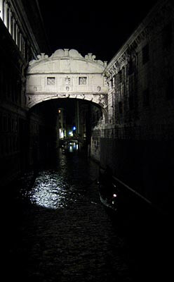 The Bridge of Sighs during a Venice night. This was a very quiet evening in Venice, and the romanticism of days gone by came to us easily.