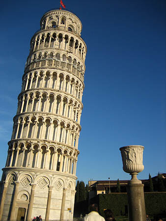 Simple photo of Leaning Tower of Pisa against a blue sky.