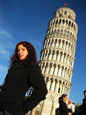 My wife Lauri in front of the Leaning Tower of Pisa.