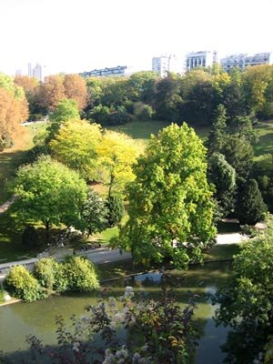 A view from the rock pillar in Buttes Chaumont park in Paris.
