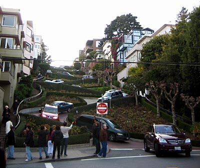 Lombard Street in San Francisco seen from the bottom.