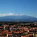 The view from the Palais des Rois Majorques in Perpignan, France, Canigou mountain the background.