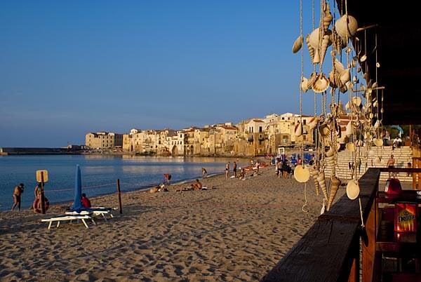 The beach in pretty Cefalu right before sunset.