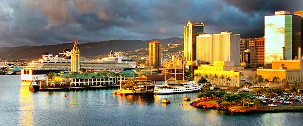 Honolulu harbor and marina at sunset