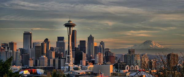The Seattle skyline with the Space Needle and Mt. Rainier
