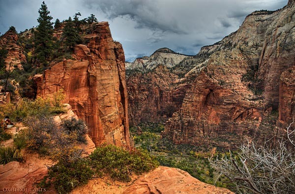 Angel's Landing trail with storm clouds
