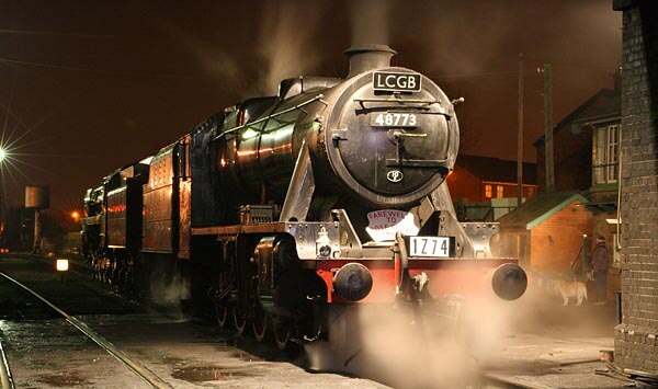 Seven Valley Railways steam locomotive at night