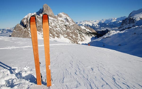 Skis on a ski slope in Switzerland