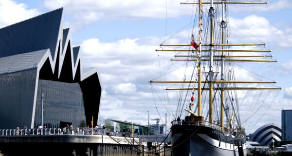 The Riverside Museum in Glasgow and tall ship Glenlee