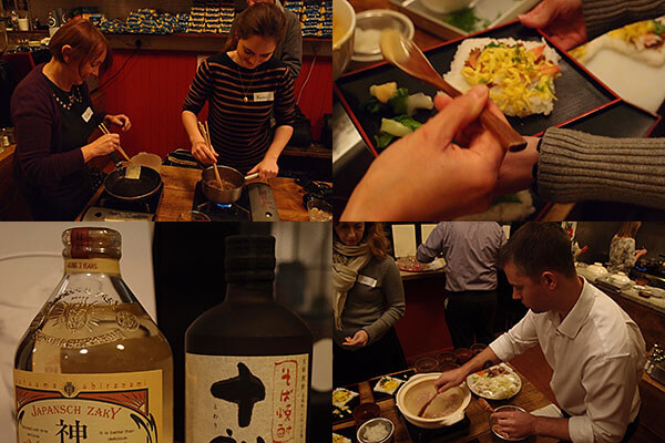 Cooking in progress and bottles of Shoyu