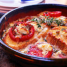 Strata with tomatoes, herbs, and goatcheese