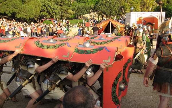 Roman re-enactment in Tarragona, testudo legionnaire formation