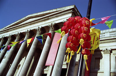 A bunch of Chinese lanterns with the National Gallery in the background. Chinese New Year's Parade, London, 2006.