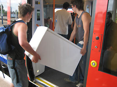 For some reason, these guys had a fridge as luggage one morning...