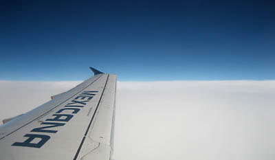 Blue skies and white clouds on the way to Mexico.