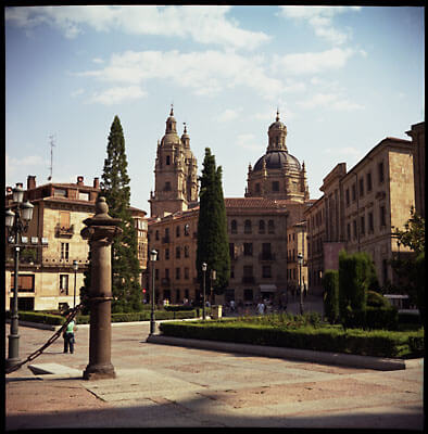 The square in front of the Salamanca Cathedral, Spain. Shot with Lubitel 166.