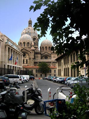 A pretty square in Marseille with the Cathedral in the background.