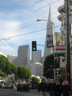 Looking from North Beach towards the Financial District with the Transamerica building on the horizon.