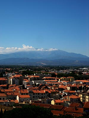 The view from the Palais des Rois Majorques in Perpignan, France, Canigou mountain the background.
